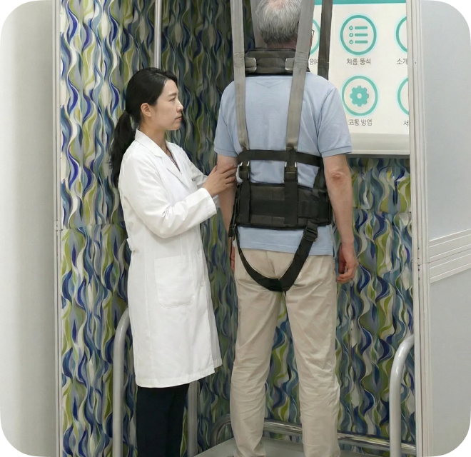 전정재활 프로그램으로 어지럼증 치료를 진행하는 의료진과 환자