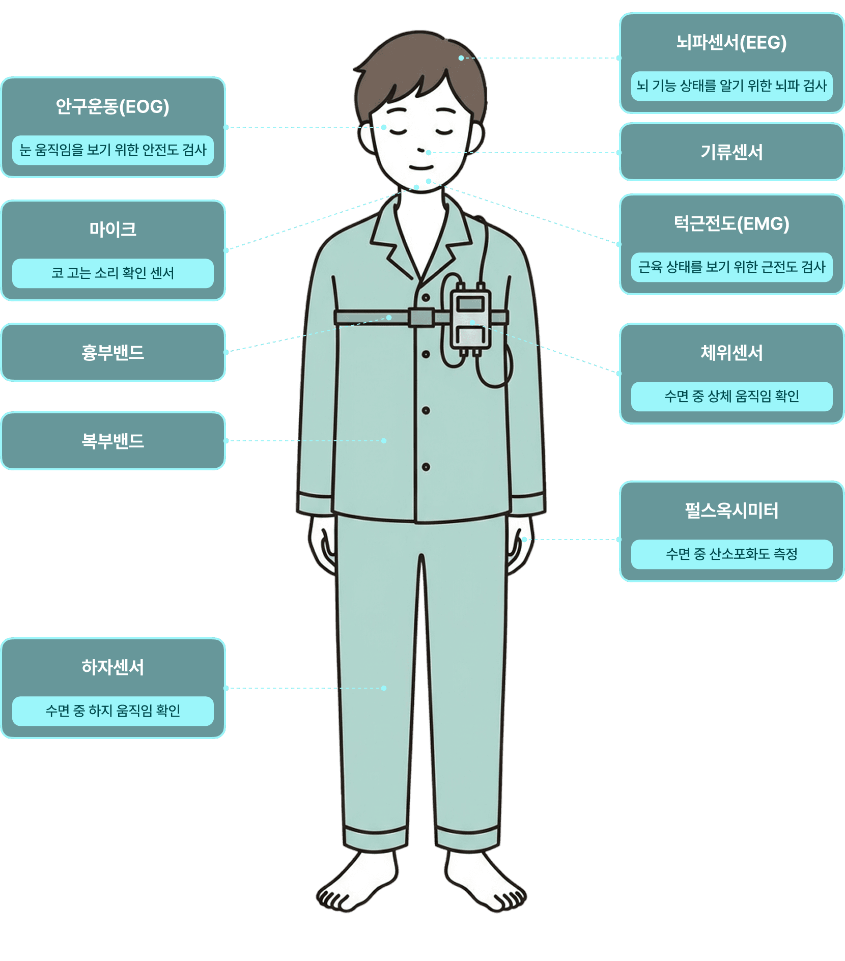 수면다원검사 센서 부착 위치 — 뇌파센서, 안구운동, 기류센서, 턱근전도, 마이크, 체위센서, 흉부밴드, 복부밴드, 펄스옥시미터, 하자센서