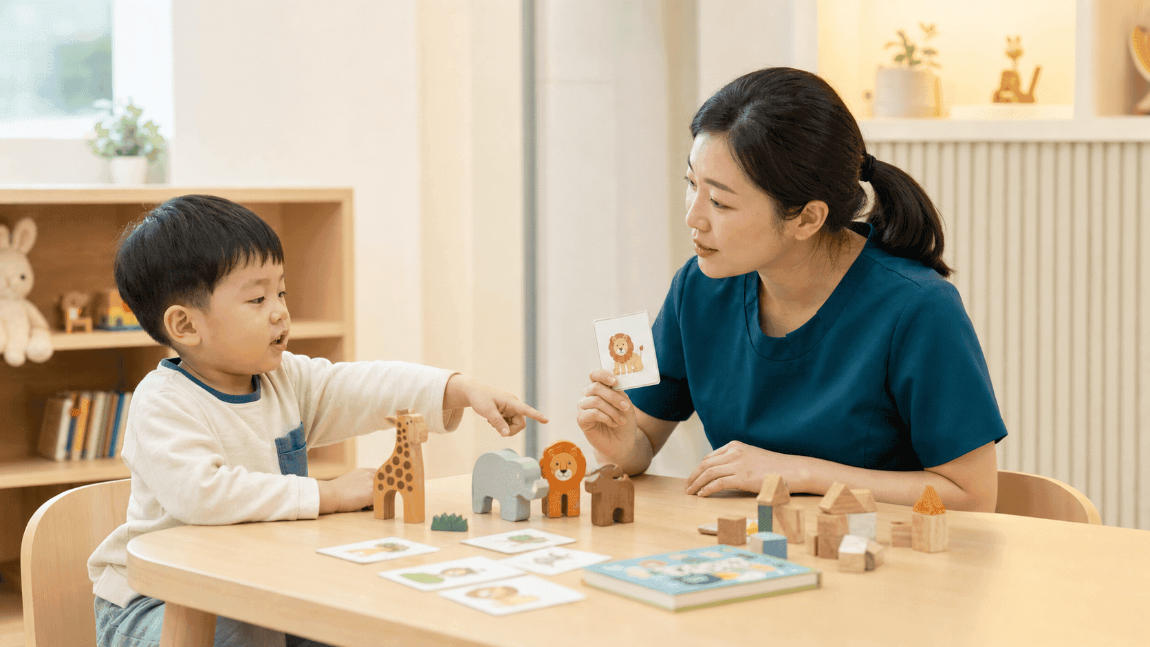 놀이 속에서 자기 말로 표현하는 37개월 아이와 치료사