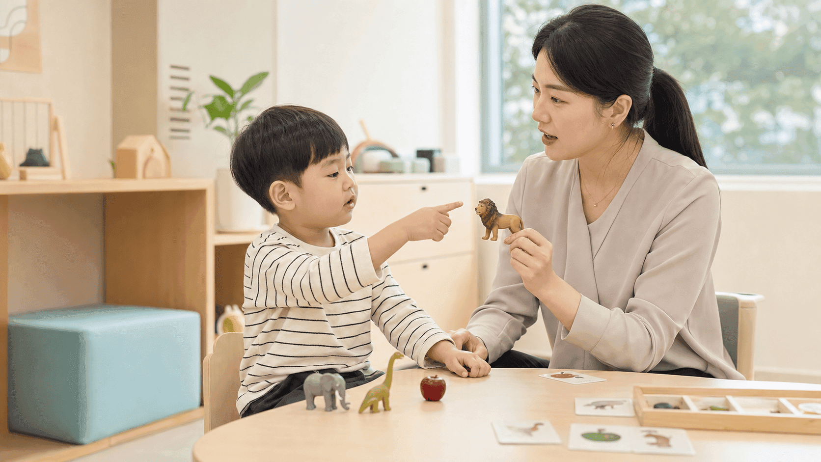 놀이 치료 중 장난감 사자를 가리키며 치료사와 상호작용하는 아이