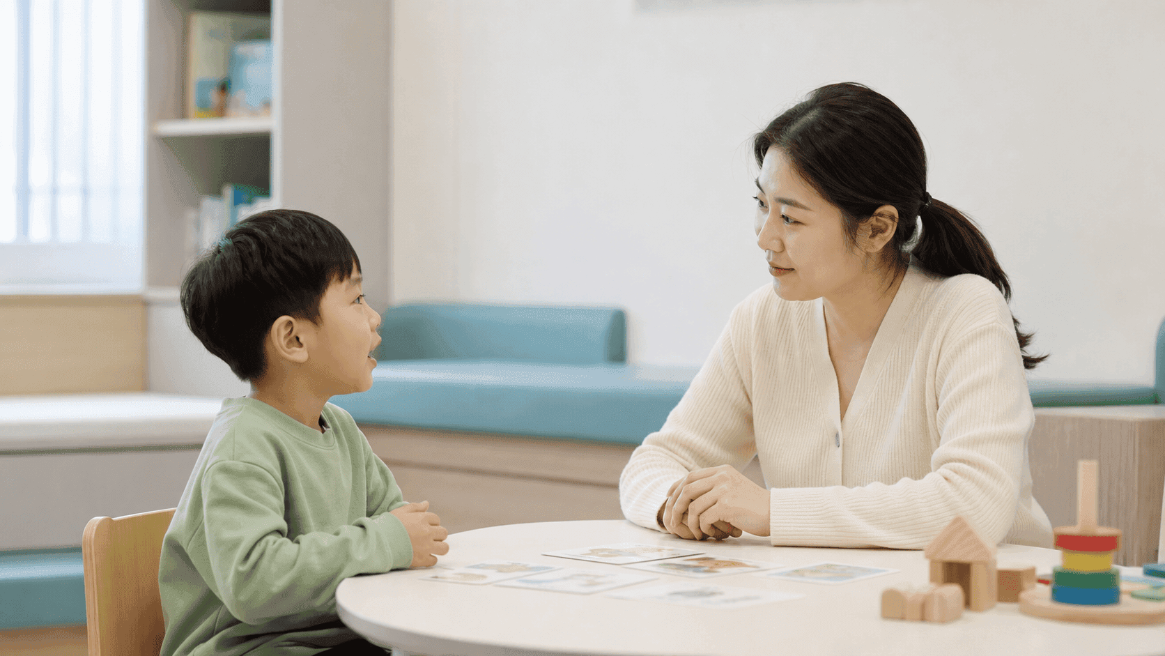 언어치료사가 만 5세 아이의 말을 기다리며 대화를 나누는 모습
