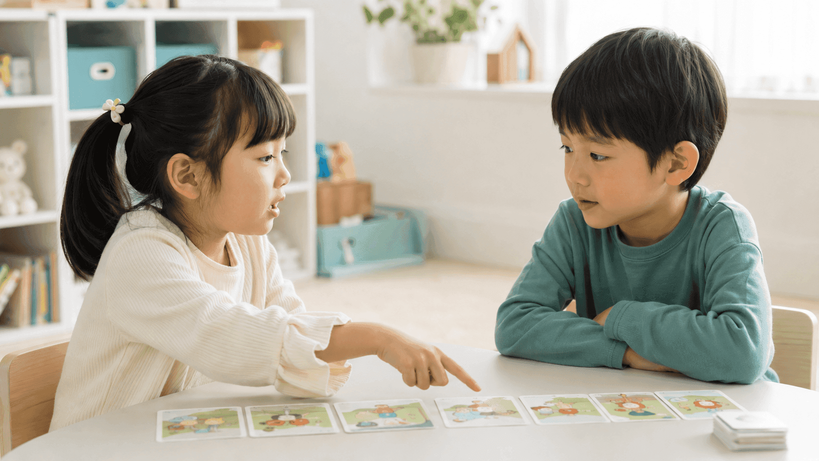 그림카드를 보며 차례대로 이야기를 나누는 두 아이