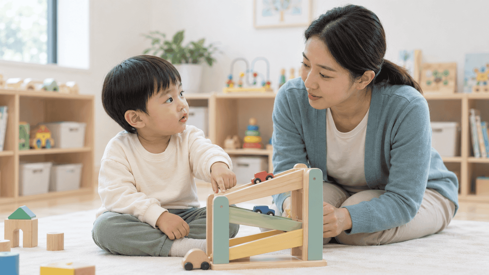 놀이 중 이름을 부르자 치료사를 바라보는 아이