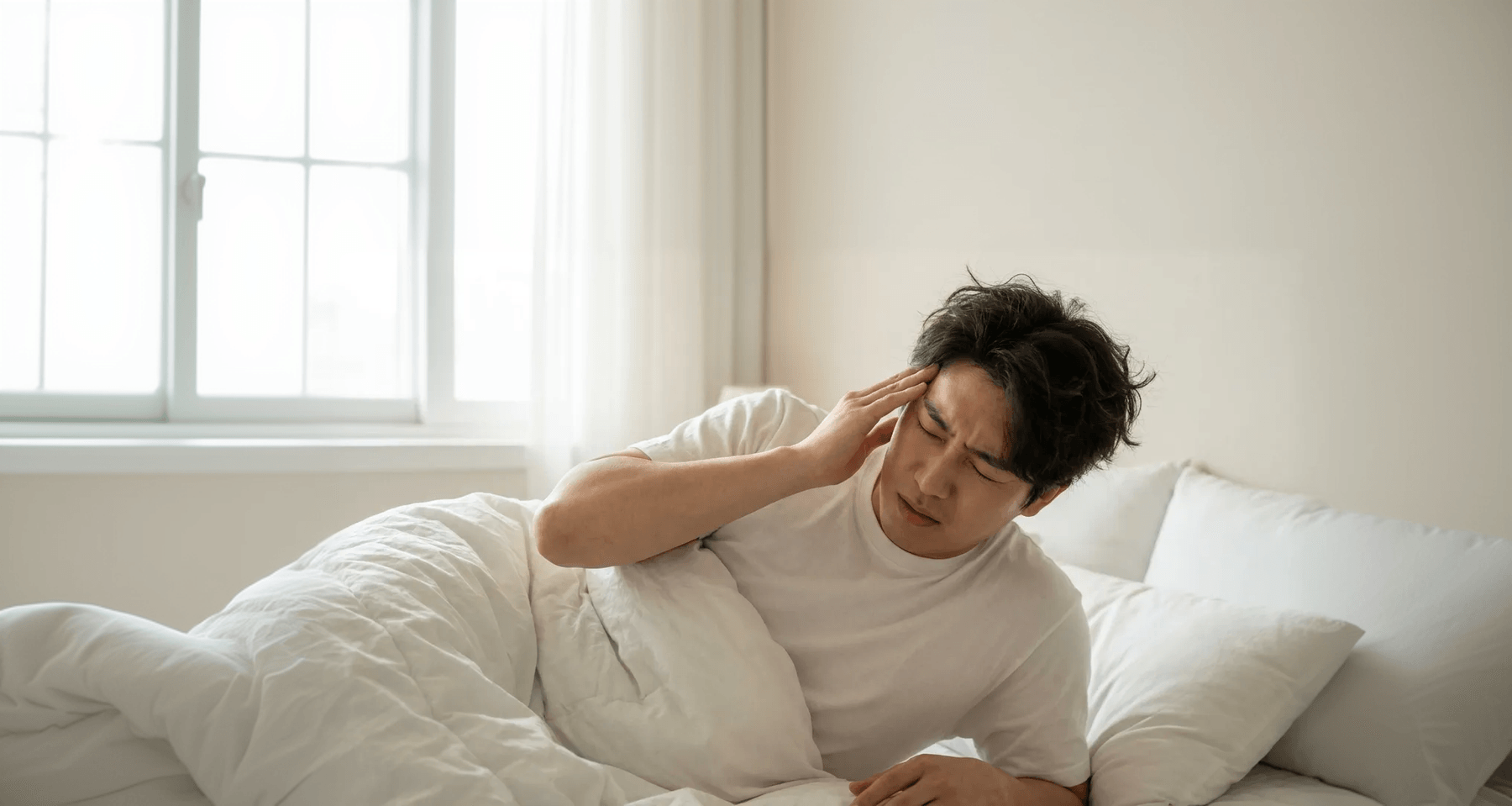 두통으로 침대에서 머리를 잡고 있는 남성