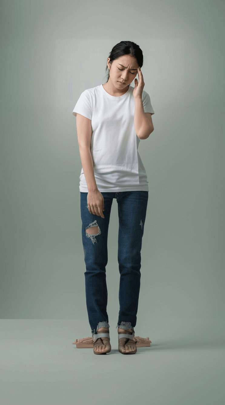 편두통성 어지럼증으로 관자놀이를 누르는 여성