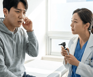 돌발성 난청 증상을 설명하는 보청기 재활 상담 이미지