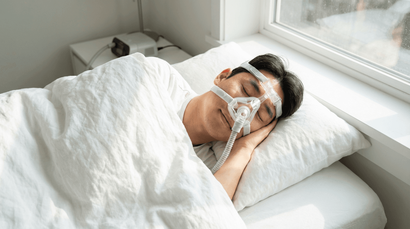 양압기를 착용하고 편안하게 수면 중인 환자