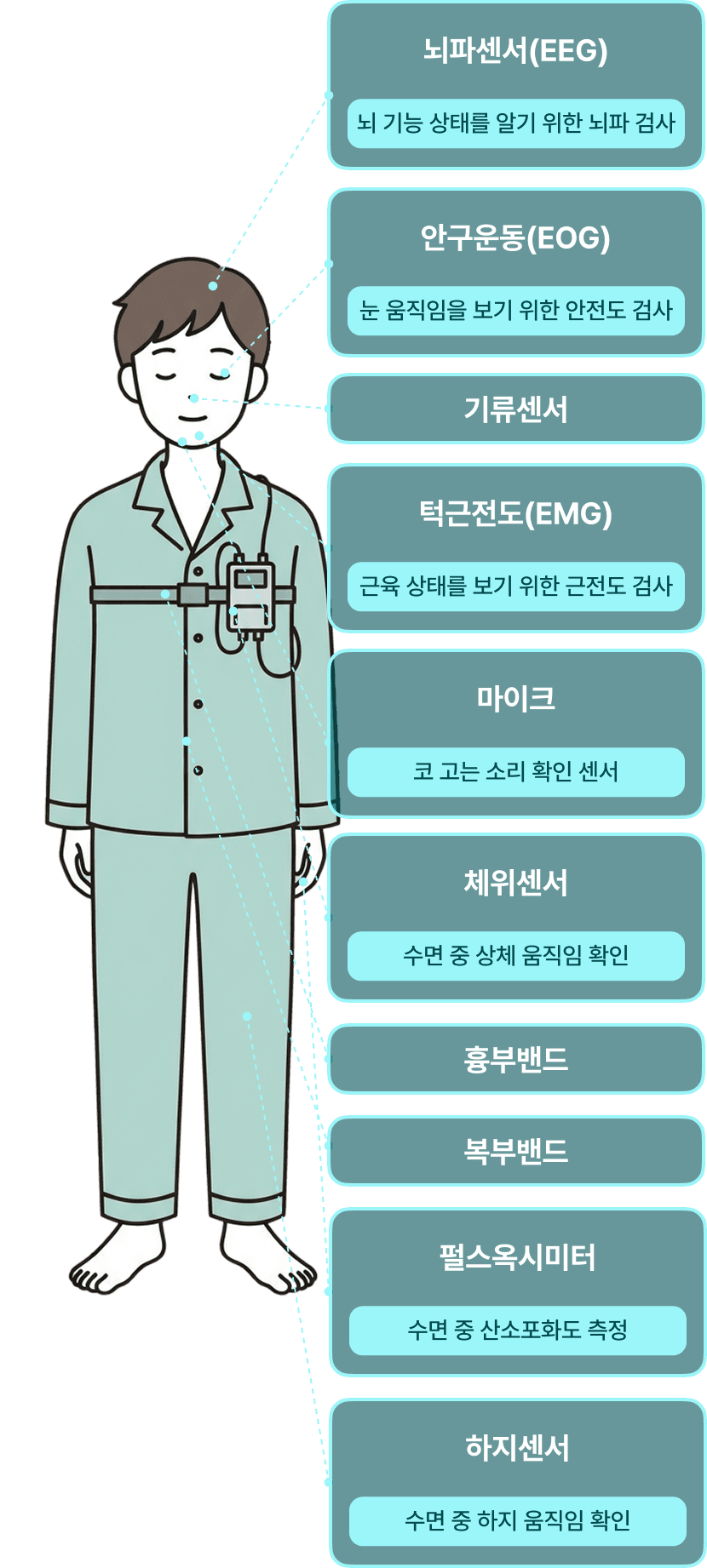 수면다원검사 센서 부착 위치 — 뇌파센서, 안구운동, 기류센서, 턱근전도, 마이크, 체위센서, 흉부밴드, 복부밴드, 펄스옥시미터, 하자센서