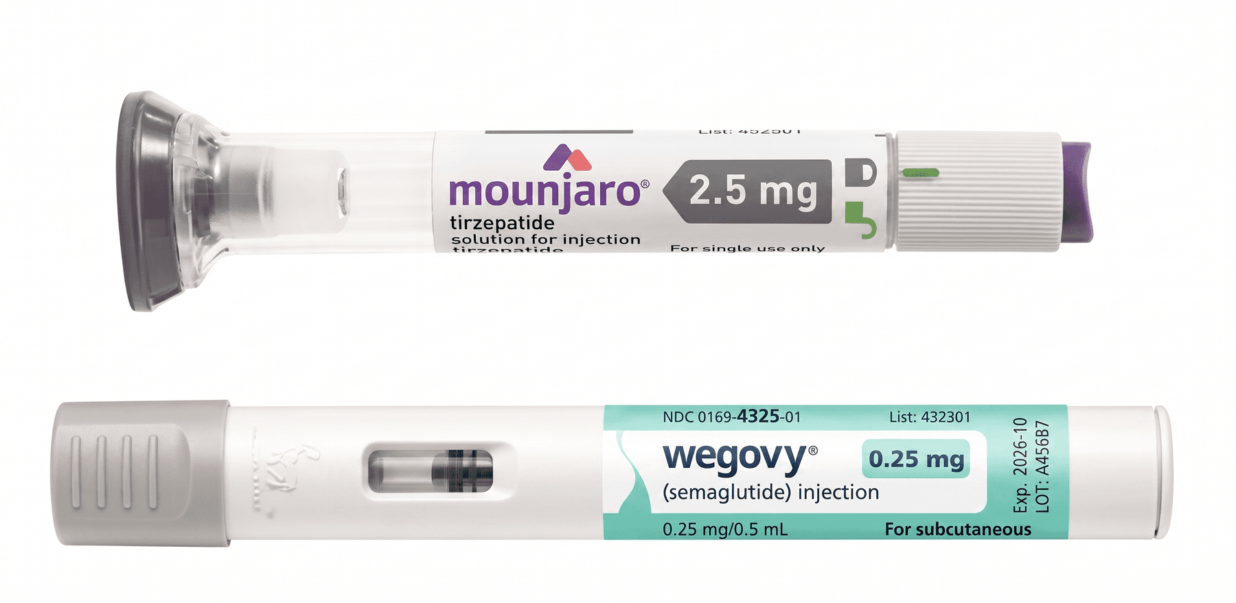 위고비 0.25mg과 마운자로 2.5mg 주사 펜의 제품 비교 라벨