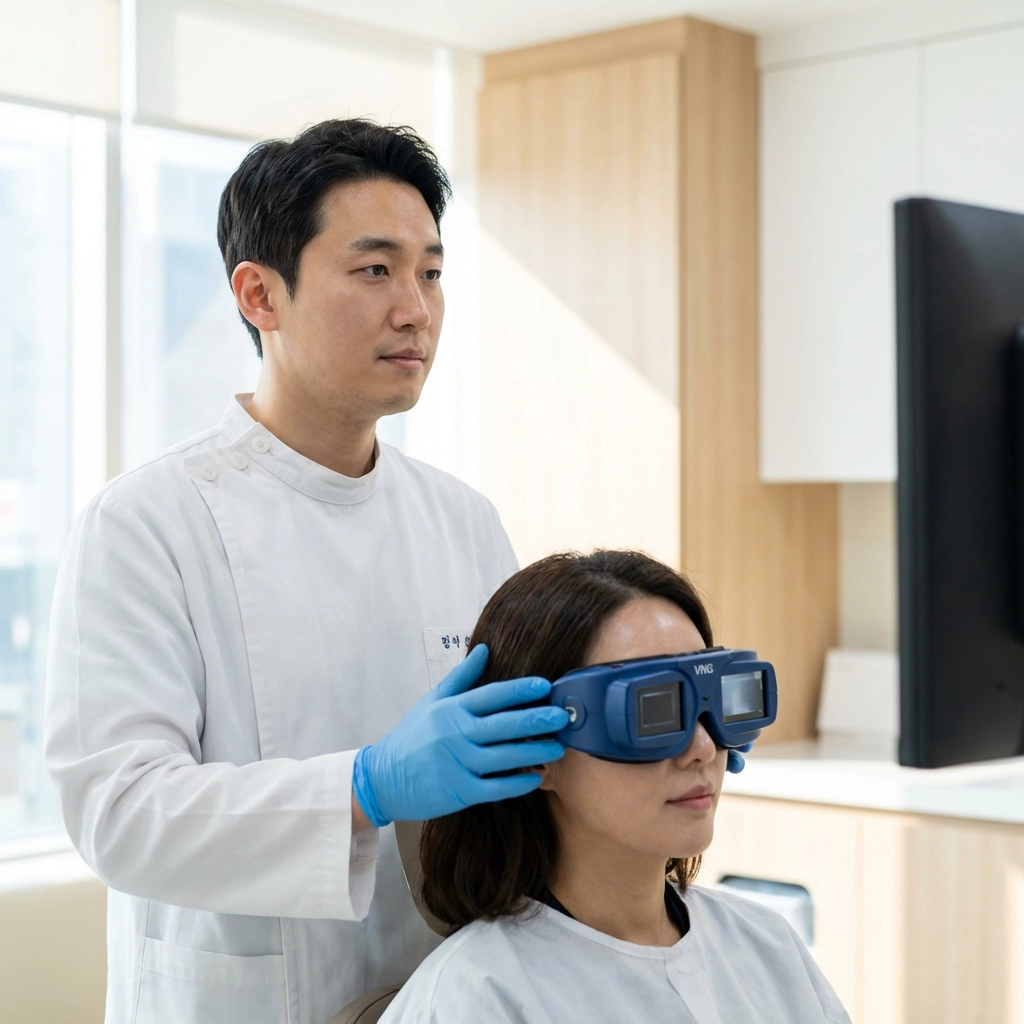 정밀 검사 장비로 어지럼증 검사하는 환자