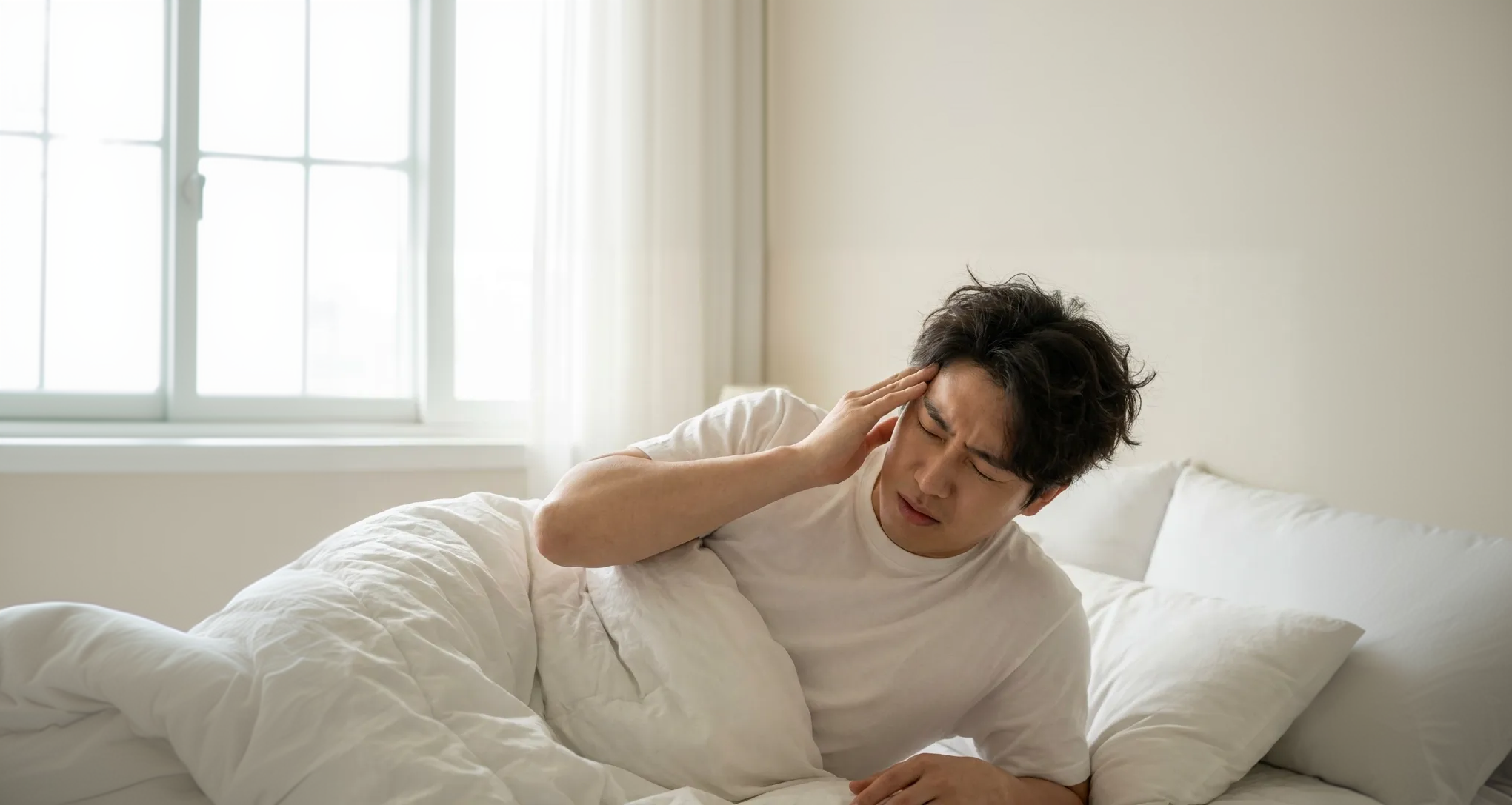 두통으로 침대에서 머리를 잡고 있는 남성