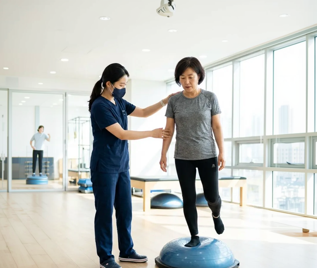 전정 재활 프로그램으로 평형 훈련하는 환자