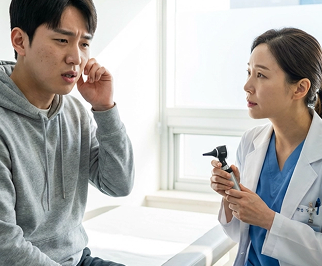 돌발성 난청 증상을 설명하는 보청기 재활 상담 이미지