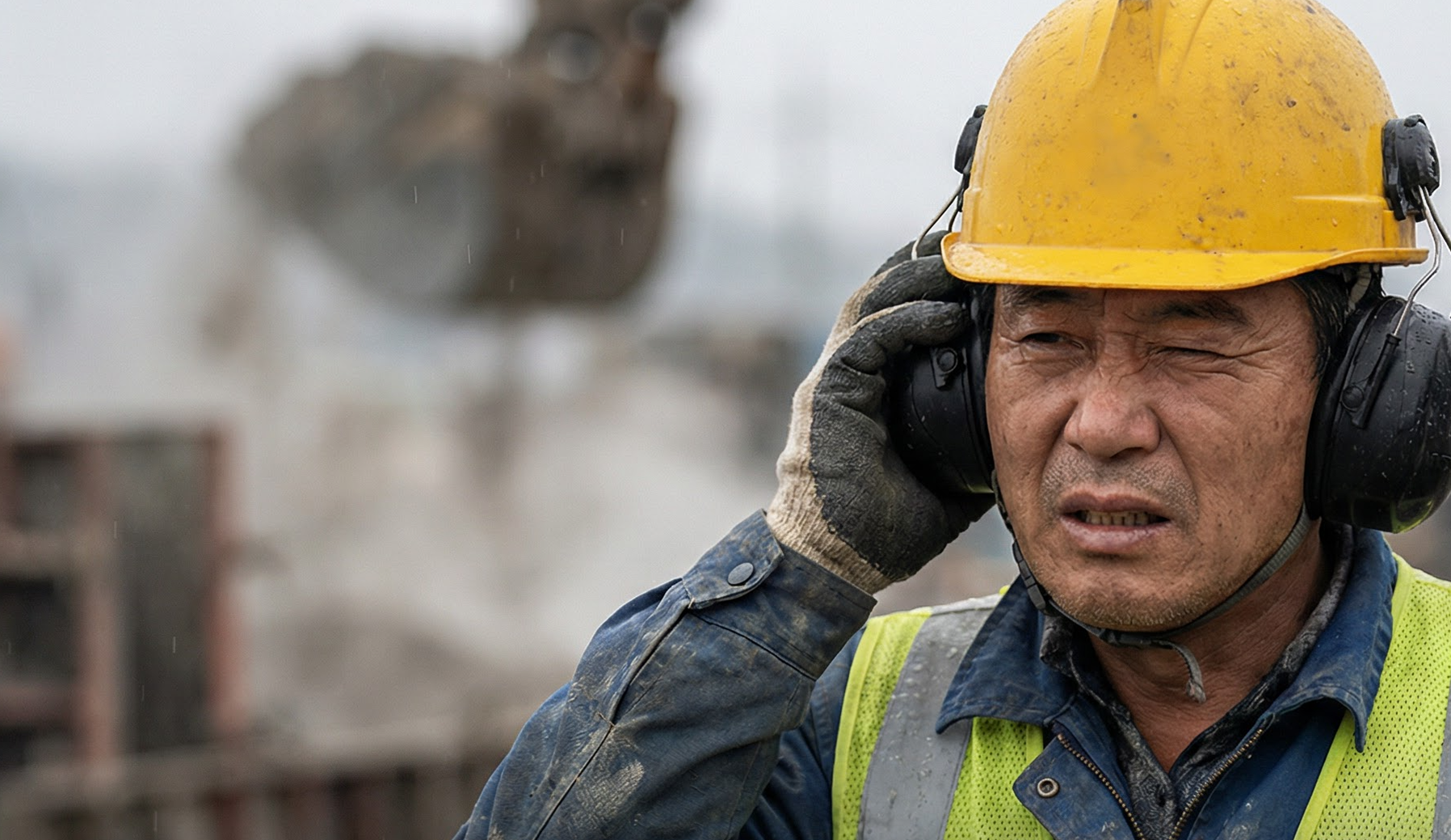 건설 현장에서 방음 헤드셋을 착용한 작업자