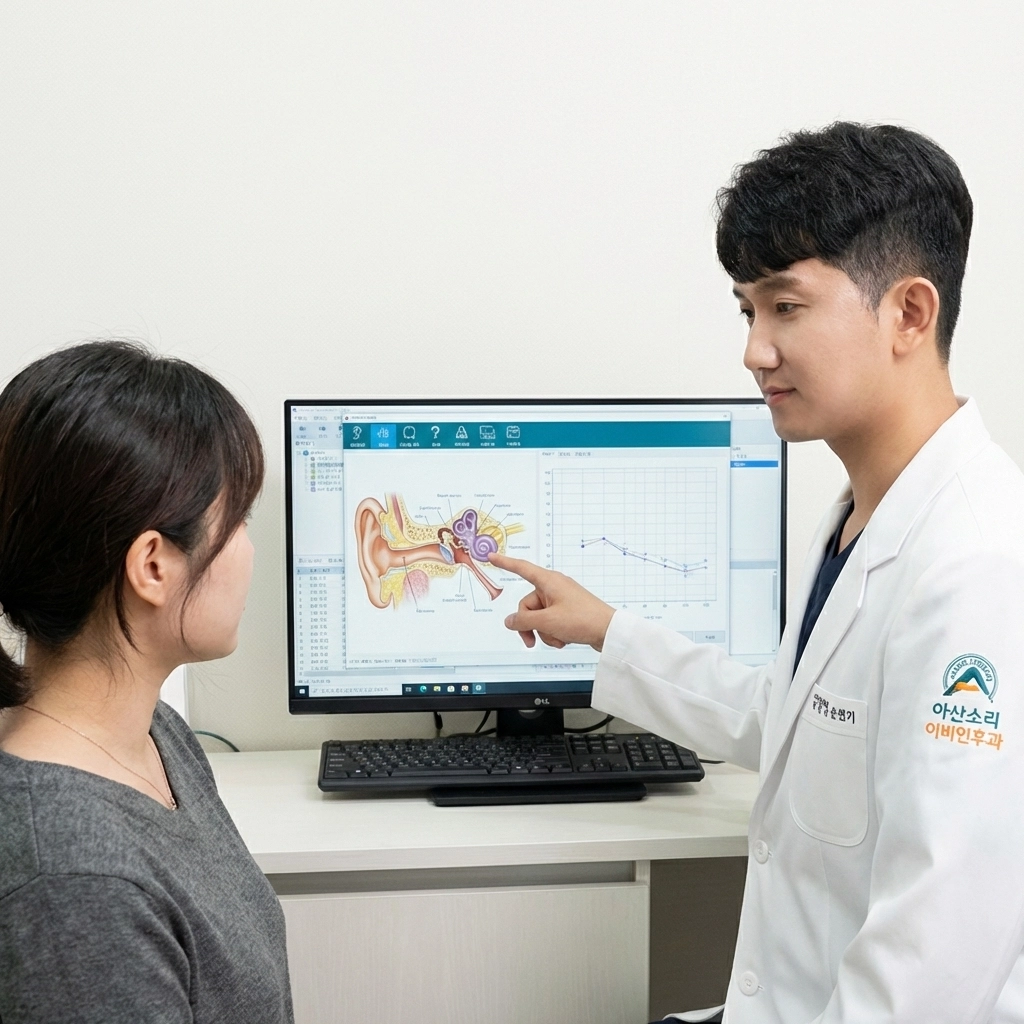 난청·이명 검사 결과를 바탕으로 1:1 진단 상담을 진행하는 장면