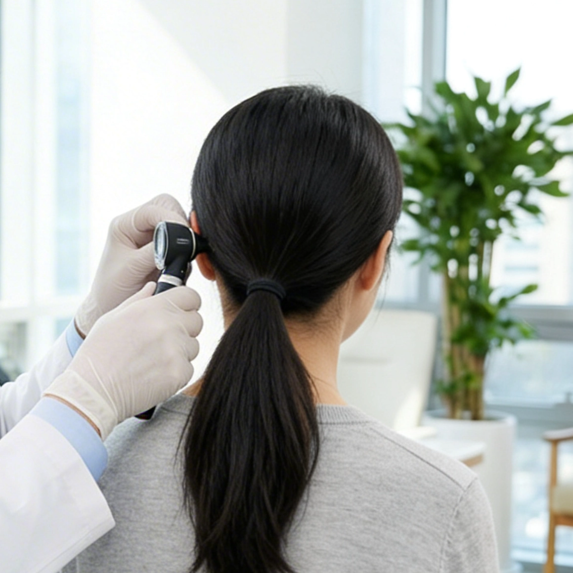 귀 내시경 검사로 외이도와 고막 상태를 확인하는 모습