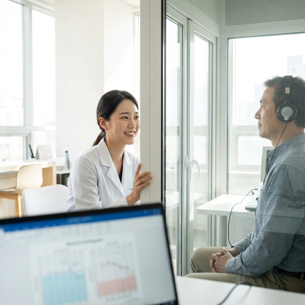 순음청력검사로 난청 동반 여부를 확인하는 청력검사 장면