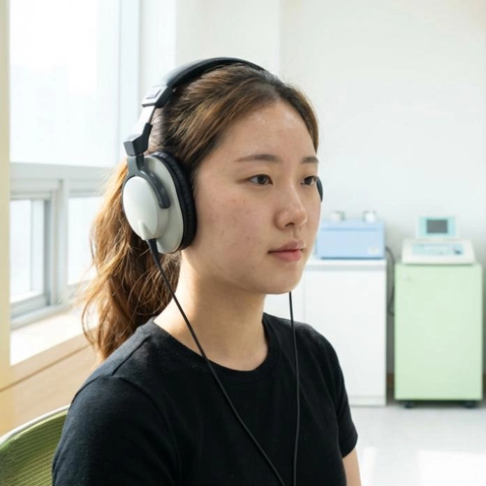 이명도 검사로 이명 주파수와 강도를 측정하는 검사 장면