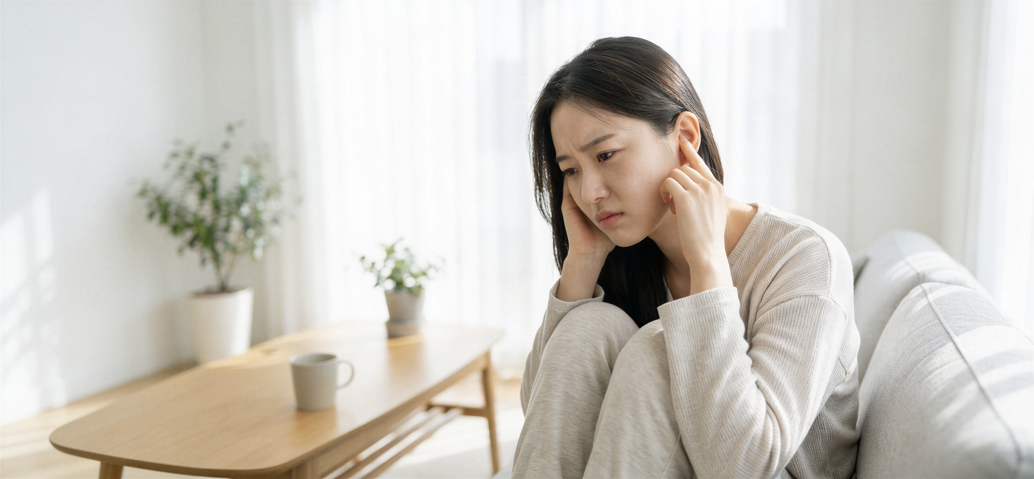 이명으로 귀를 감싸 쥐고 있는 여성