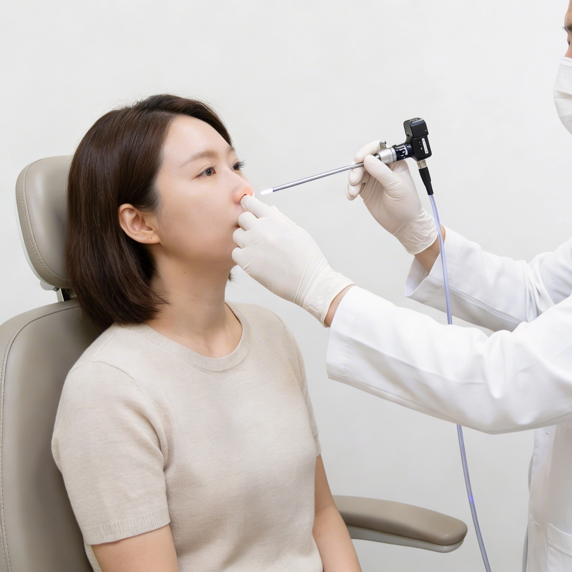 비강 내시경으로 진찰 중인 이비인후과 전문의