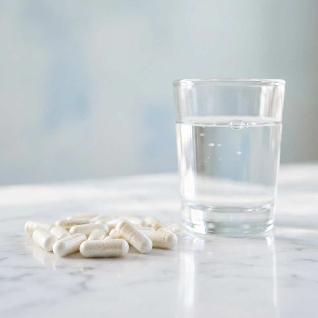 약물 치료에 사용되는 캡슐 약과 물