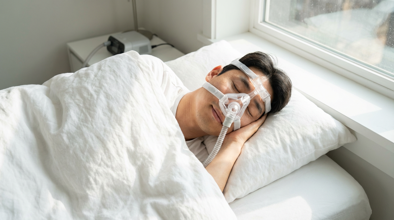 양압기를 착용하고 편안하게 수면 중인 환자