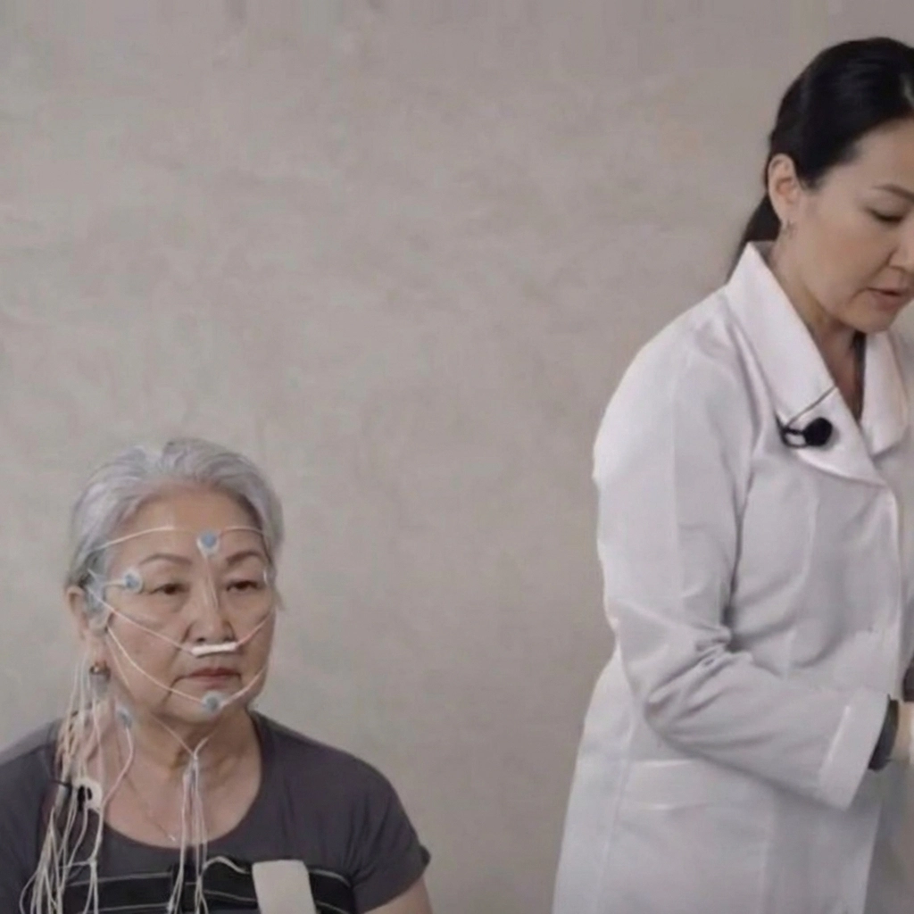 숙련된 수면 전문기사가 센서를 부착하는 모습