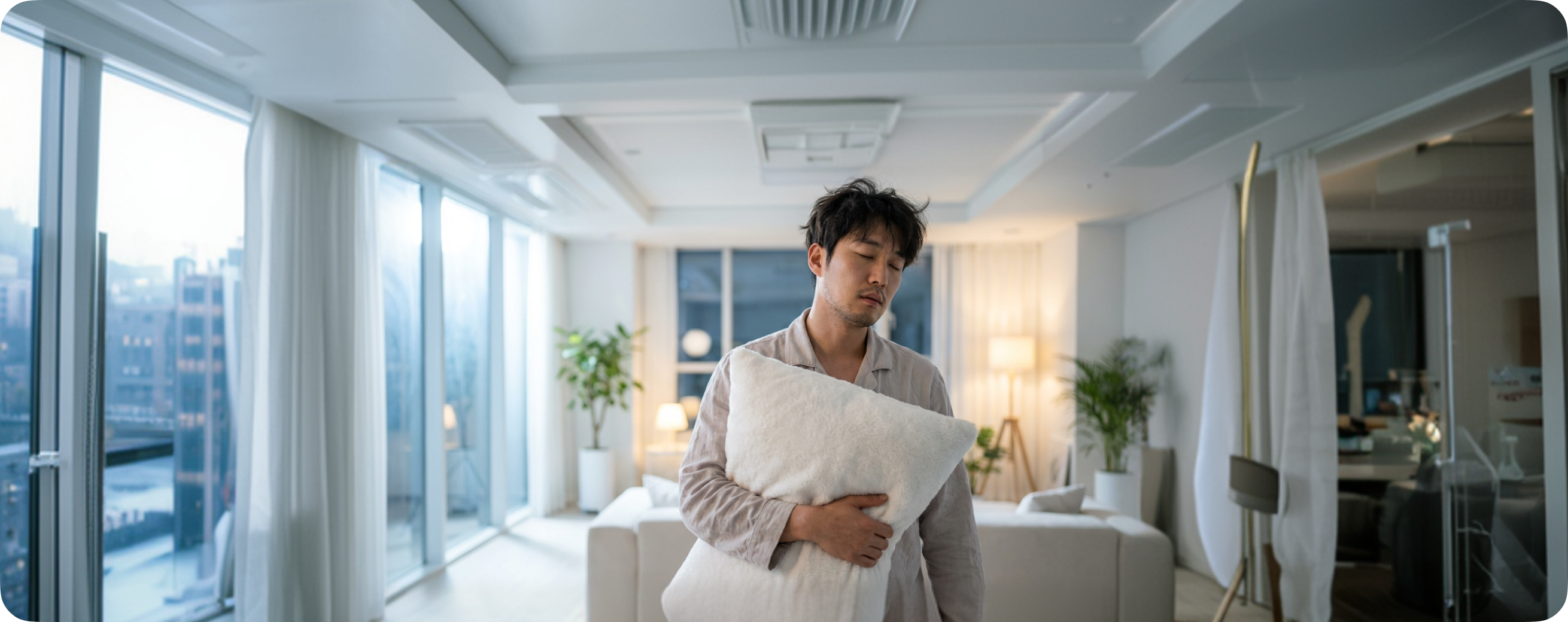 몽유병으로 베개를 안고 걸어다니는 남성