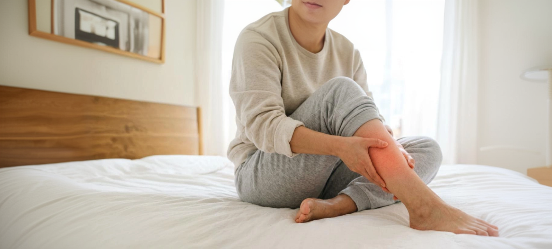 침대에서 다리를 잡고 있는 하지불안증후군 환자