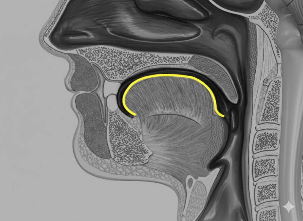 두꺼워진 혀로 인해 좁아진 기도를 보여주는 CT 이미지